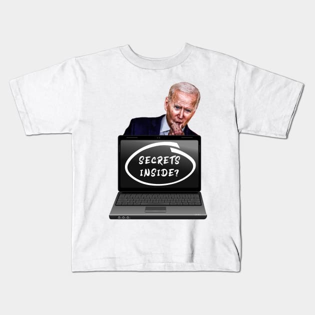 Thinking Biden, Laptop, "SECRETS INSIDE?" On Screen Kids T-Shirt by Roly Poly Roundabout